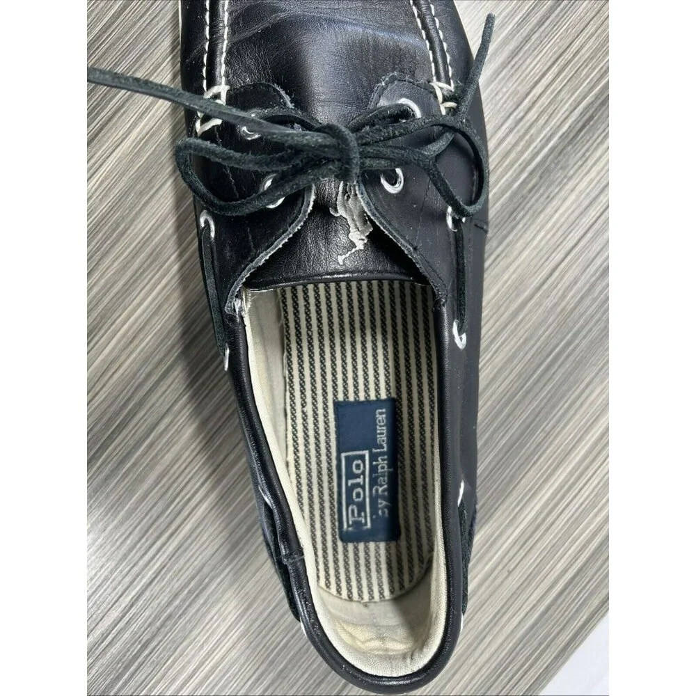 Polo Ralph Lauren Men's Boat Shoes 10 Navy Blue‎ Pony Sander Tie Slip On Canvas